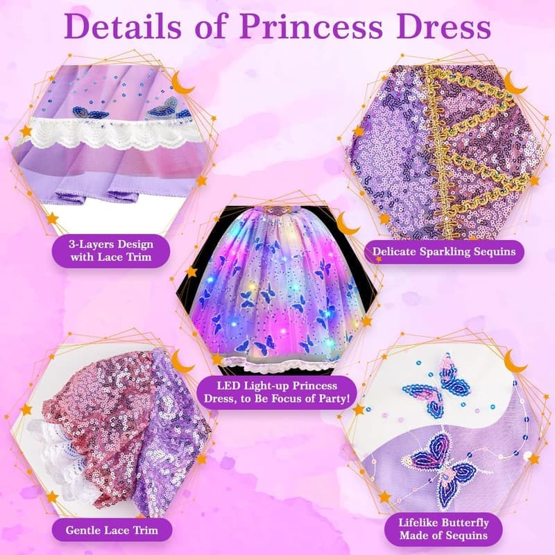Light Up Princess Costume for Girls, Ages 3-10 - Halloween Outfit