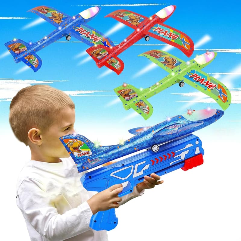 LED Foam Glider Airplane Launcher Toy Set for Kids (3 Packs)