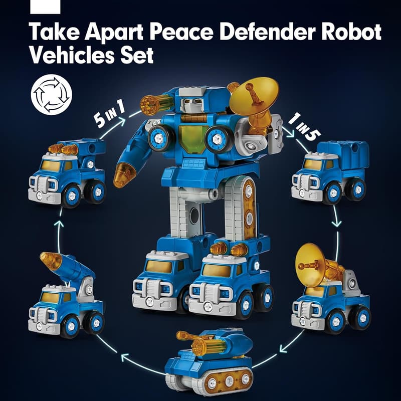 5th Birthday STEM Toy - 5-in-1 Take Apart Trucks & Robot