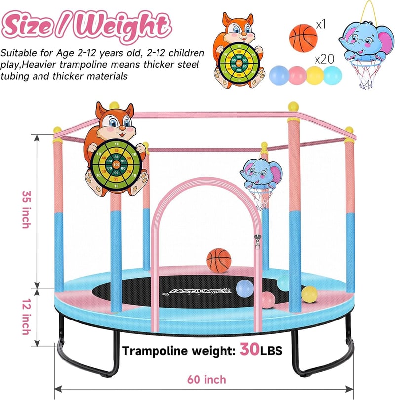 5ft Pink Mini Trampoline for Kids 2-5 with Net & Hoop