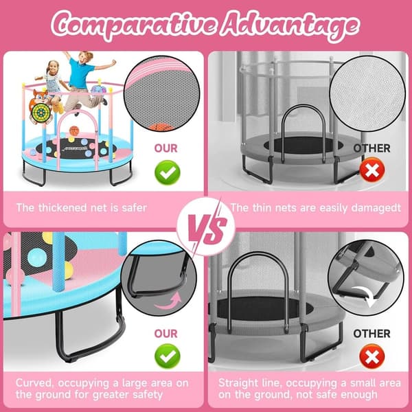 5ft Pink Mini Trampoline for Kids 2-5 with Net & Hoop