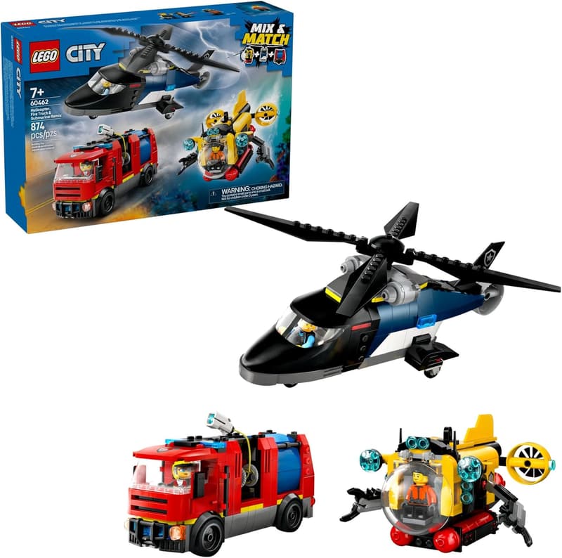 LEGO City 3-in-1 Helicopter, Fire Truck & Submarine Set for Kids