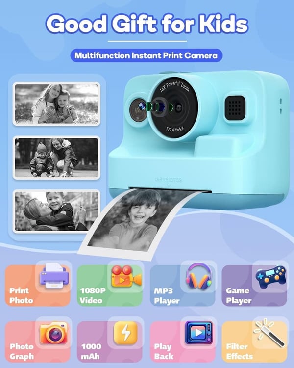 Kids Instant Print Camera - 1080P Portable Toy for Ages 3-12