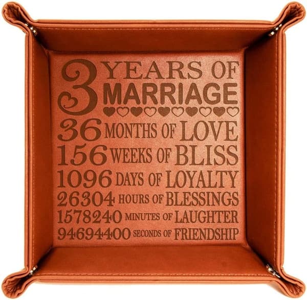 3rd Anniversary Engraved Leather Catchall Tray for Couples
