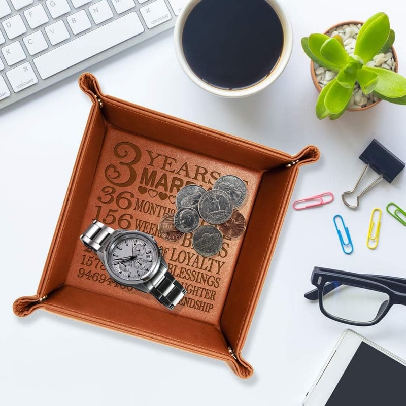 3rd Anniversary Engraved Leather Catchall Tray for Couples