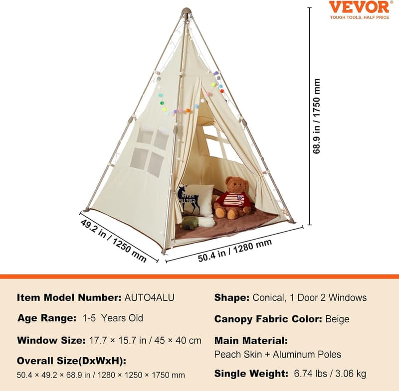 Kids Teepee Tent with Windows, Indoor/Outdoor, Foldable