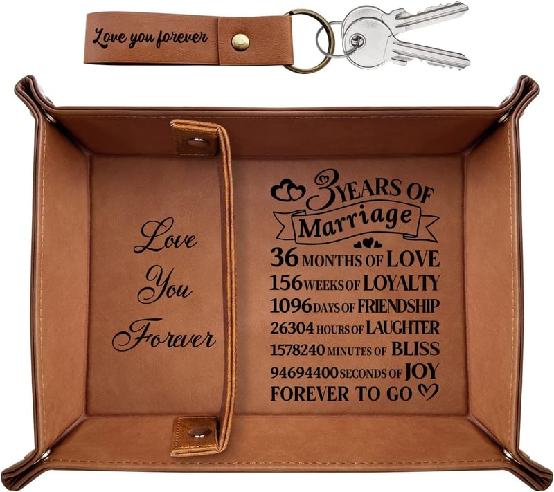 3rd Anniversary Engraved Leather Tray with Keychain Gift for Couples