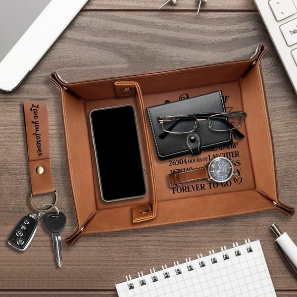 3rd Anniversary Engraved Leather Tray with Keychain Gift for Couples