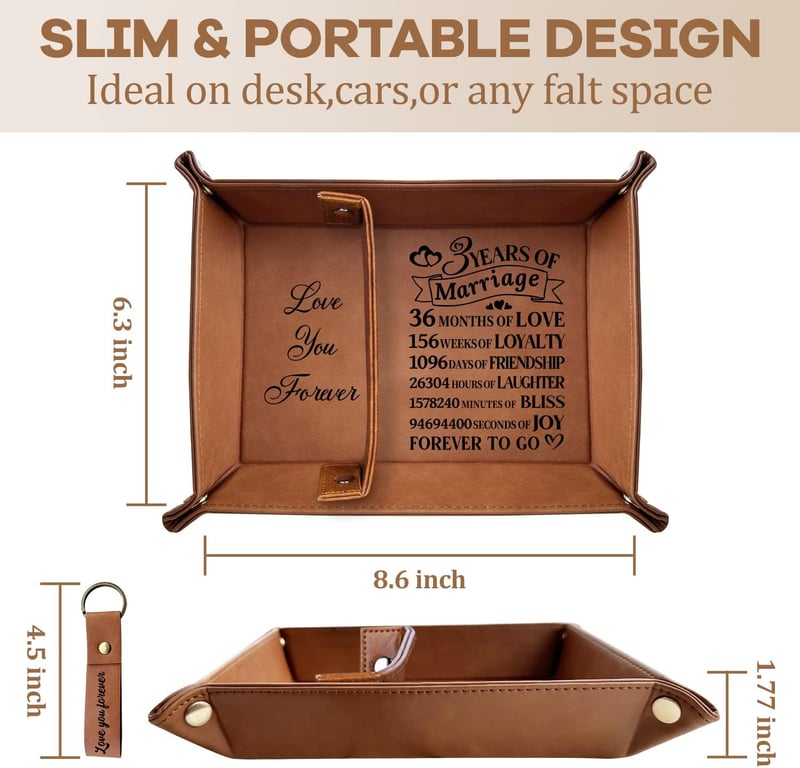 3rd Anniversary Engraved Leather Tray with Keychain Gift for Couples