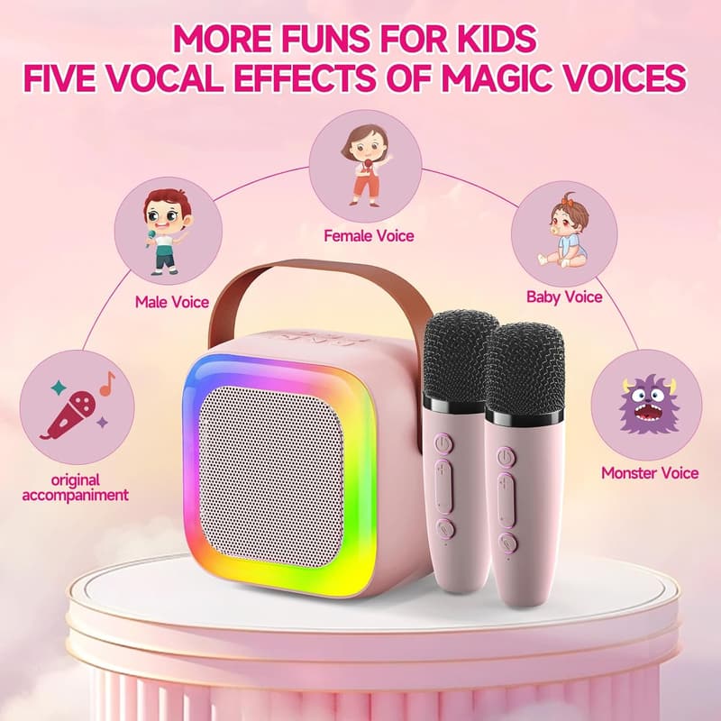 Kids Karaoke Machine with 2 Wireless Microphones & LED Lights