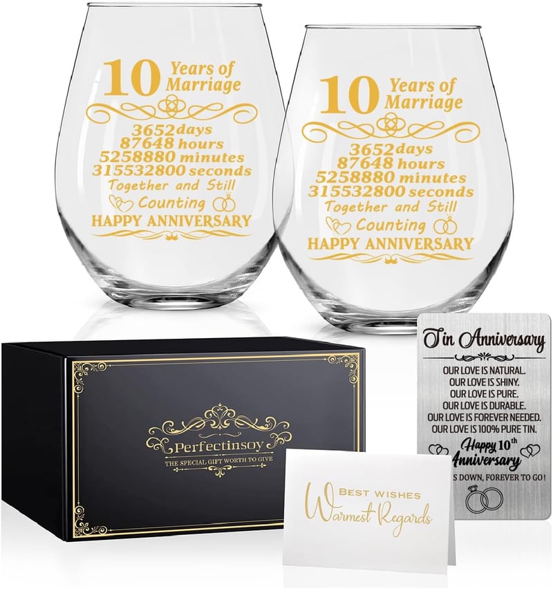 10th Anniversary Wine Glass Set with Metallic Card for Couples