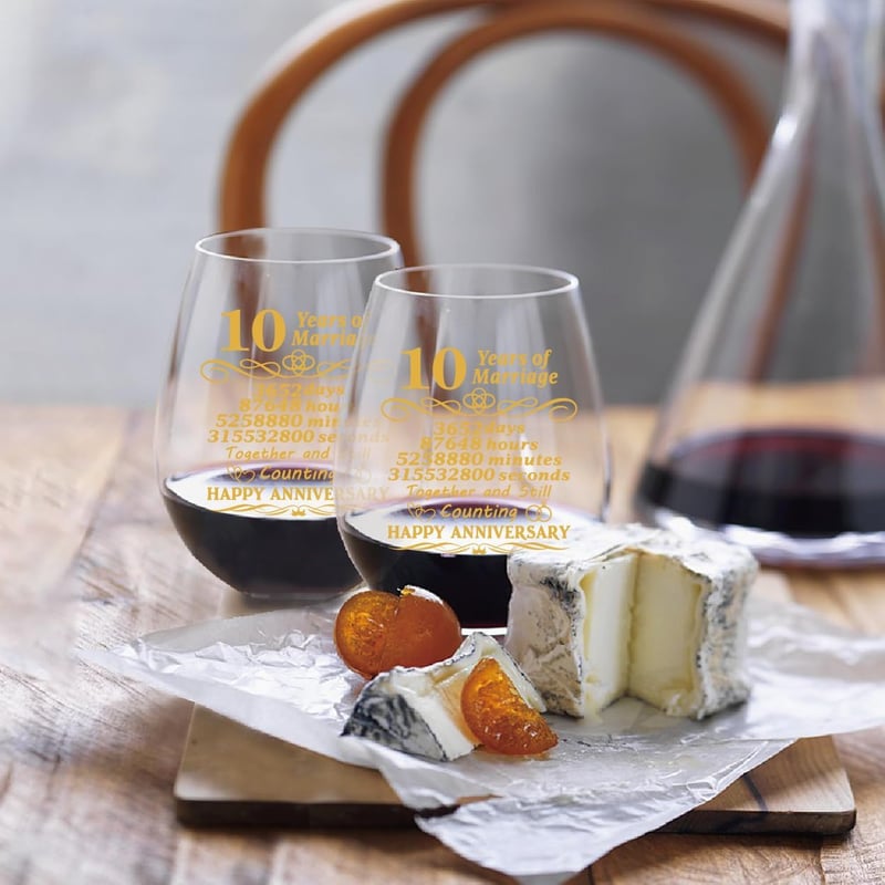 10th Anniversary Wine Glass Set with Metallic Card for Couples