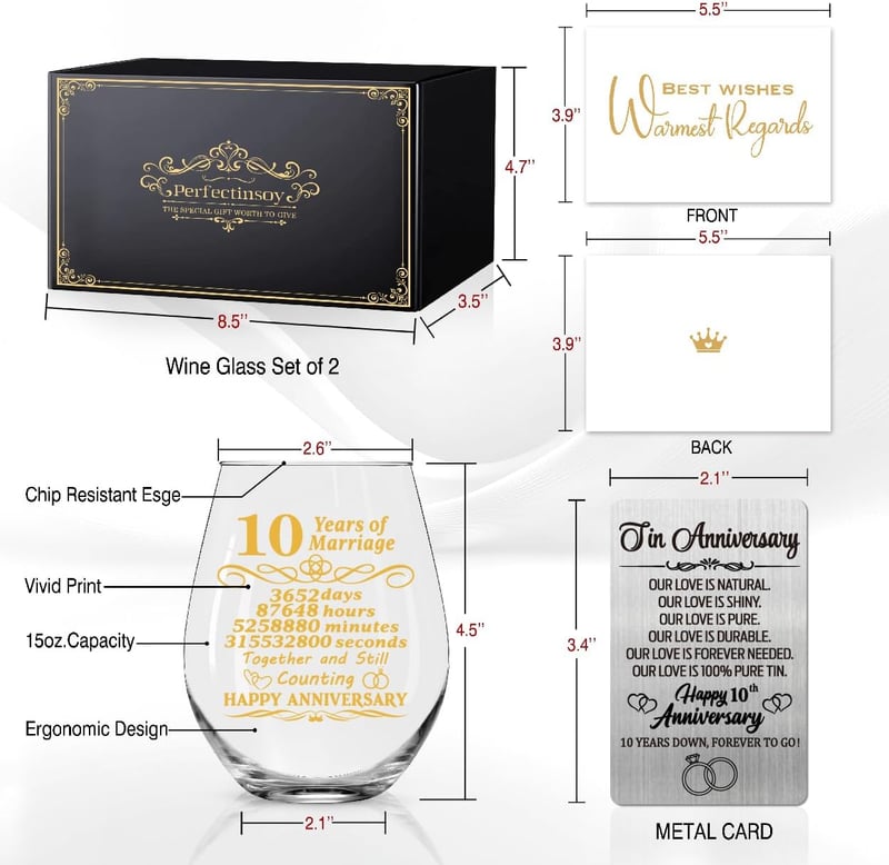 10th Anniversary Wine Glass Set with Metallic Card for Couples