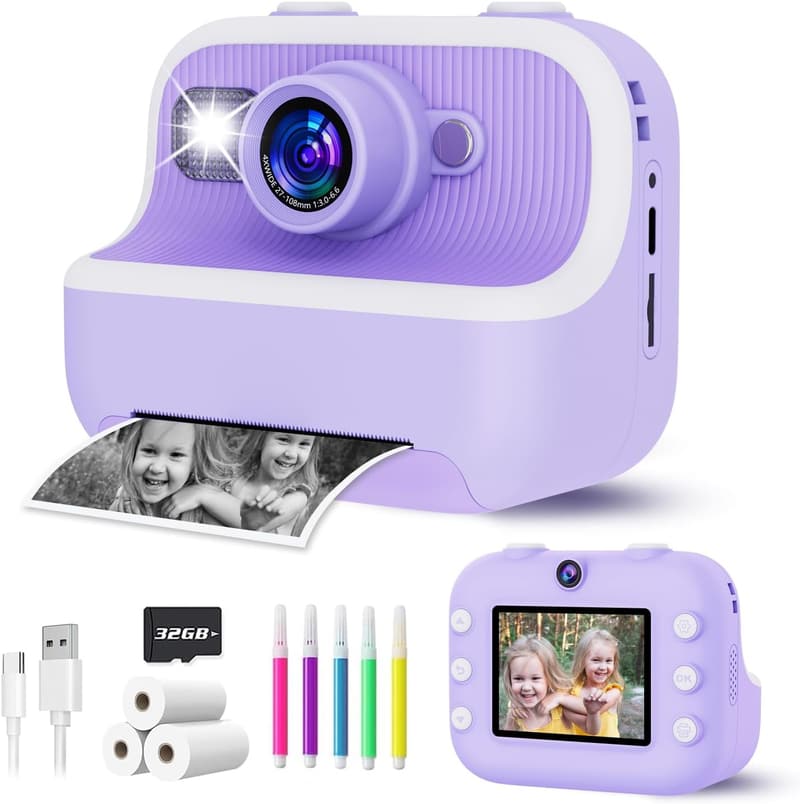 Kids Instant Print Camera with Dual Lens - Purple, 32GB SD Card