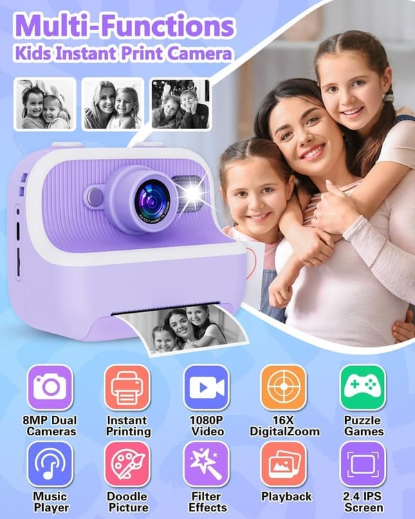 Kids Instant Print Camera with Dual Lens - Purple, 32GB SD Card