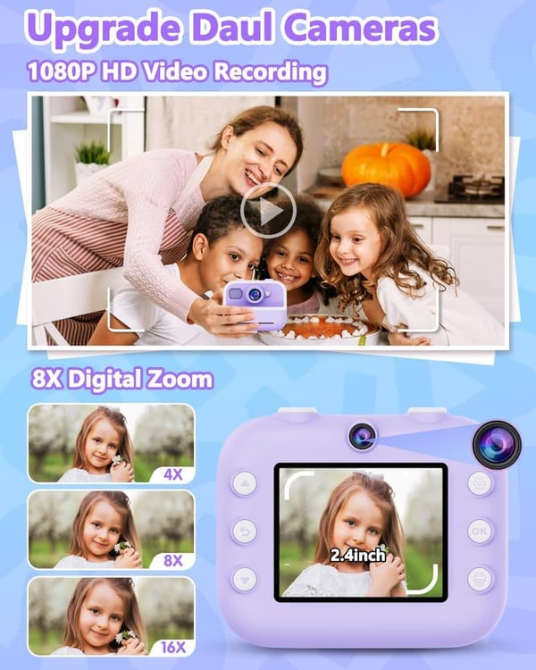 Kids Instant Print Camera with Dual Lens - Purple, 32GB SD Card