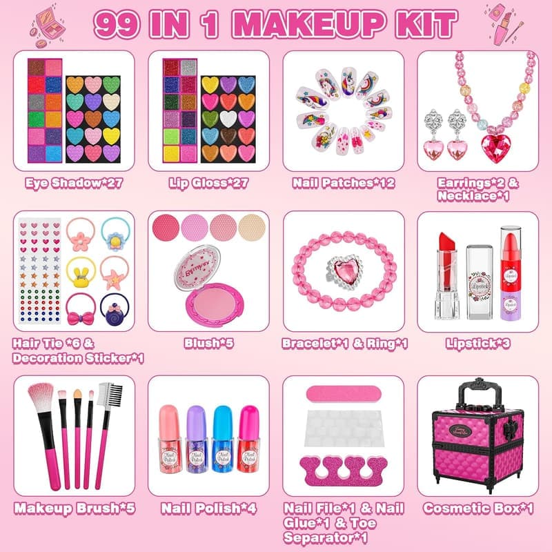 Princess Makeup Kit for Girls - 99 Pcs Washable Set with Mirror