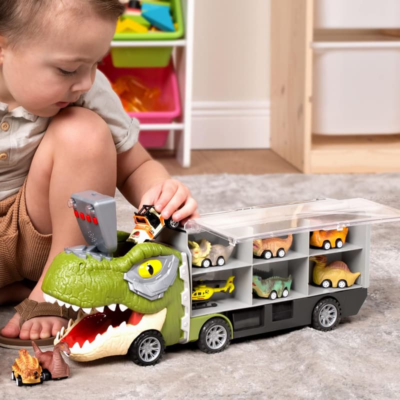 Dinosaur Truck Toy Set for Kids 3-5 with 12 Cars - Birthday Gift