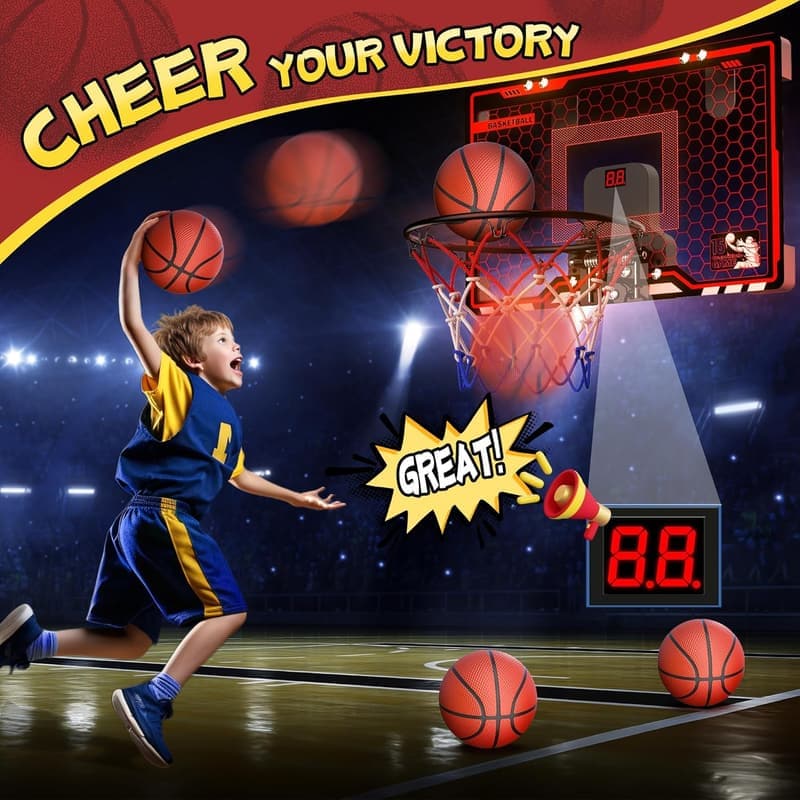 Indoor Basketball Hoop with LED Light & Scoreboard - Kids' Birthday Gift