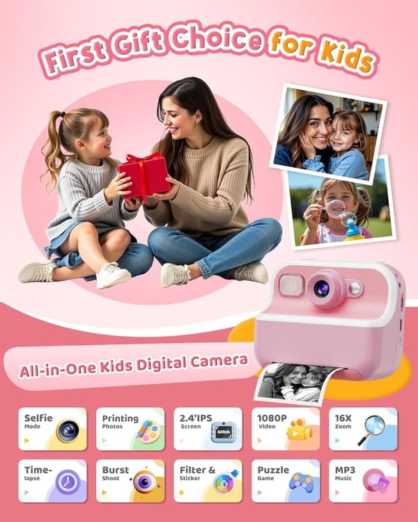 Kids Dual Lens Instant Camera - 1080P Video Portable Gift
