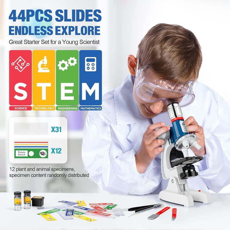 Kids Microscope Kit with 100X-1200X Magnification & LED Light