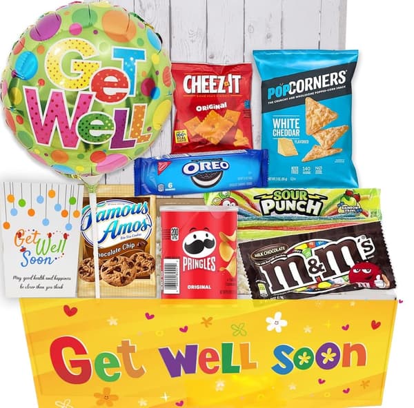 Get Well Soon Gift Basket for Kids with Snacks & Balloon