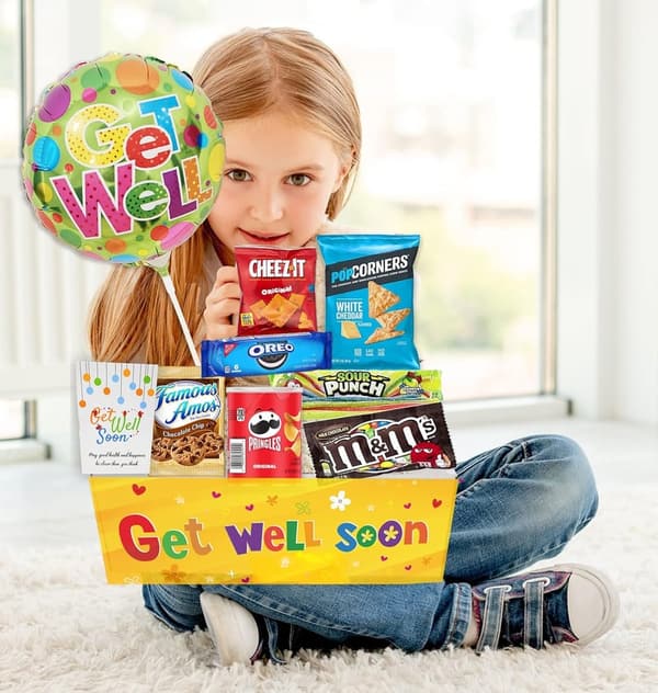 Get Well Soon Gift Basket for Kids with Snacks & Balloon