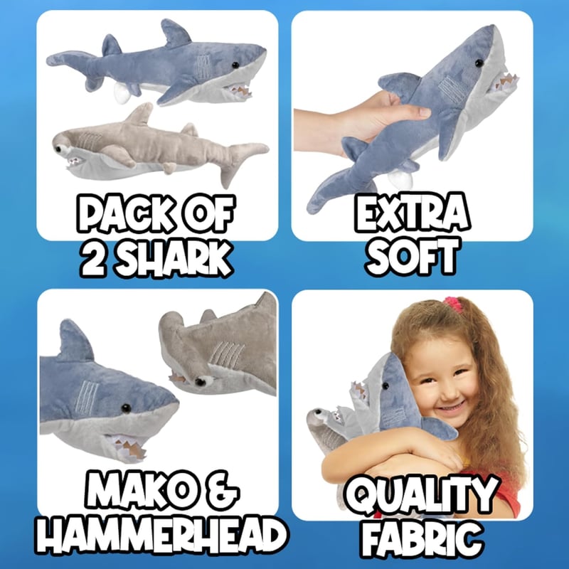 Large Plush Shark Toys for Kids - Pack of 2 (Mako & Hammerhead)