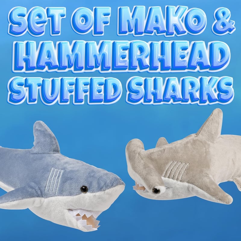 Large Plush Shark Toys for Kids - Pack of 2 (Mako & Hammerhead)