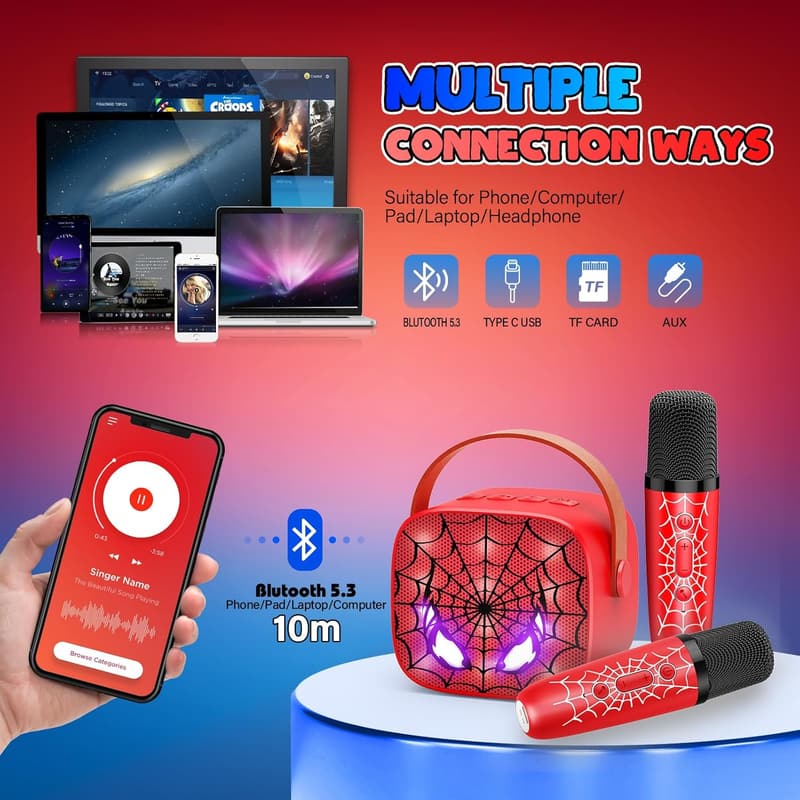 Kids Birthday Karaoke Machine with LED, Bluetooth & 2 Microphones