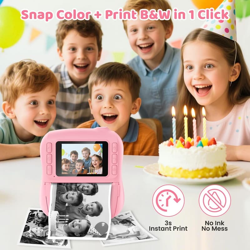 Kids Instant Print Camera – Portable Birthday Gift for Ages 3-12 (Pink)