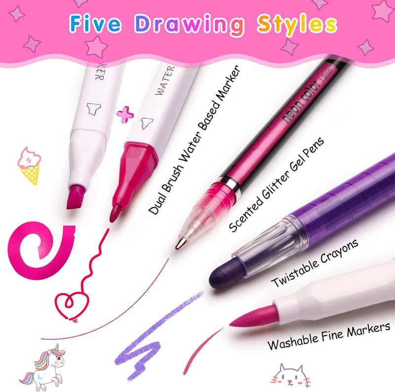 Unicorn Washable Markers Set with Glitter Case - Art Supplies for Kids