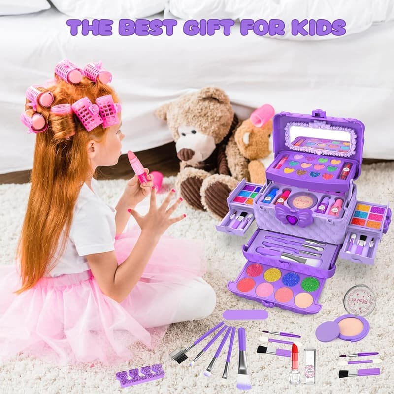 Kids Makeup Kit Set with Mirror - Washable Pretend Play Toy