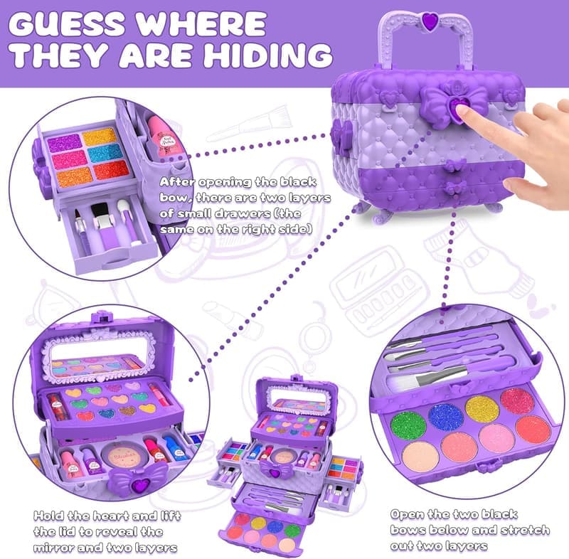 Kids Makeup Kit Set with Mirror - Washable Pretend Play Toy
