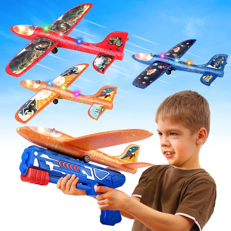 Outdoor Foam Airplane Launcher Toys - 3 Pack, LED Gliders for Kids