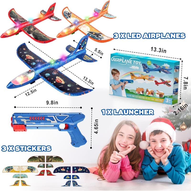 Outdoor Foam Airplane Launcher Toys - 3 Pack, LED Gliders for Kids