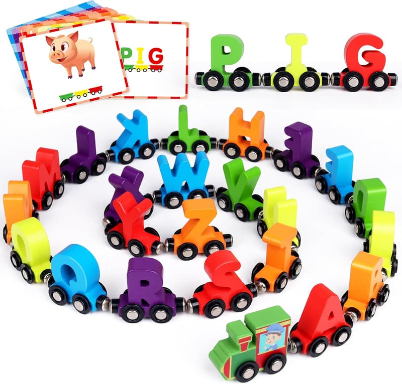 Magnetic Wooden Alphabet Train Set with Flash Cards for Kids