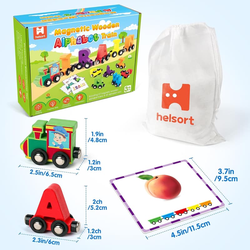 Magnetic Wooden Alphabet Train Set with Flash Cards for Kids
