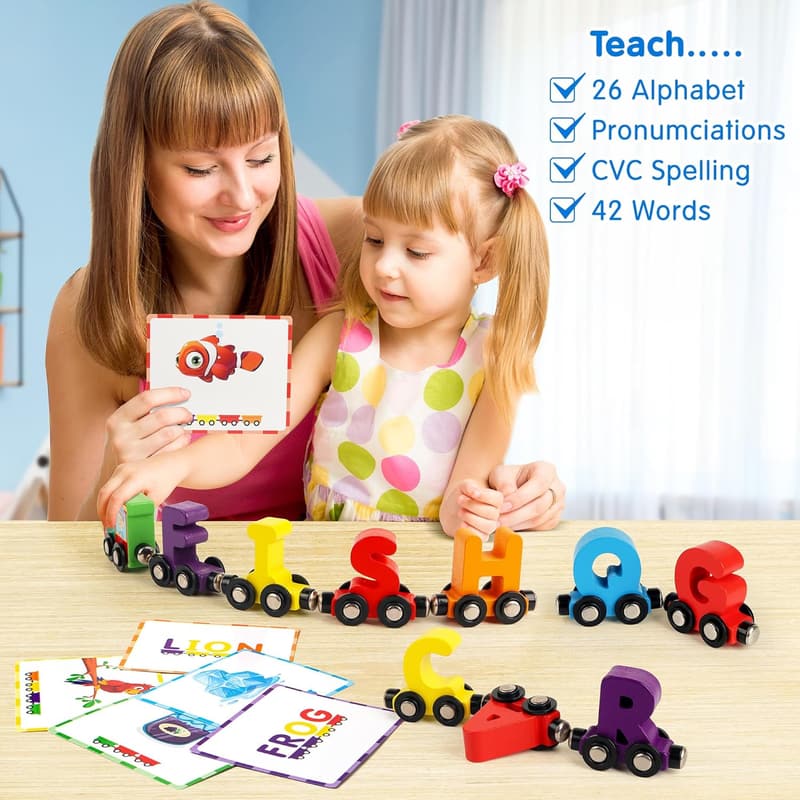 Magnetic Wooden Alphabet Train Set with Flash Cards for Kids