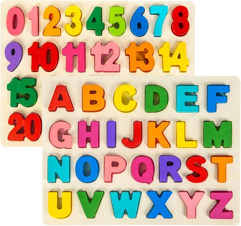 Alphabet & Number Wooden Puzzles for Toddlers, 2-Pack