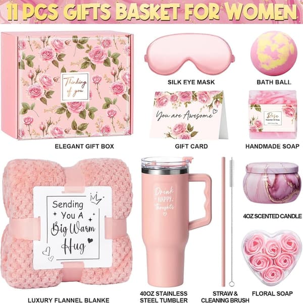 Relaxing Spa Gift Basket for Women with Blanket & Tumbler