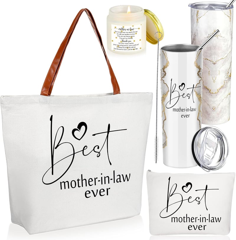 Best Mother-in-Law Gift Set: Tote, Tumbler, Makeup Bag, Candle