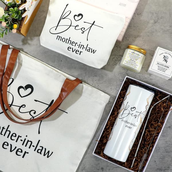 Best Mother-in-Law Gift Set: Tote, Tumbler, Makeup Bag, Candle