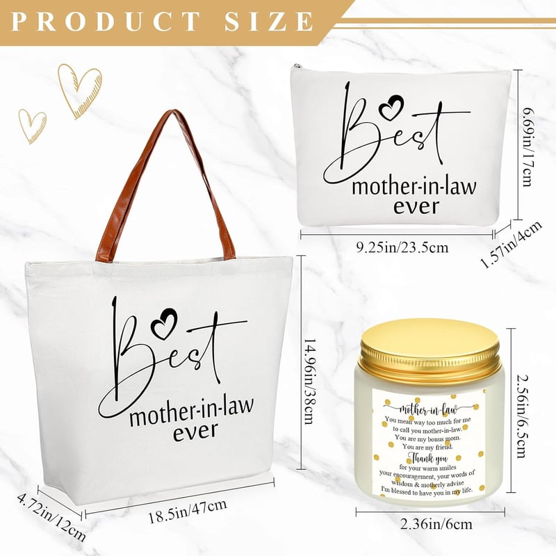 Best Mother-in-Law Gift Set: Tote, Tumbler, Makeup Bag, Candle