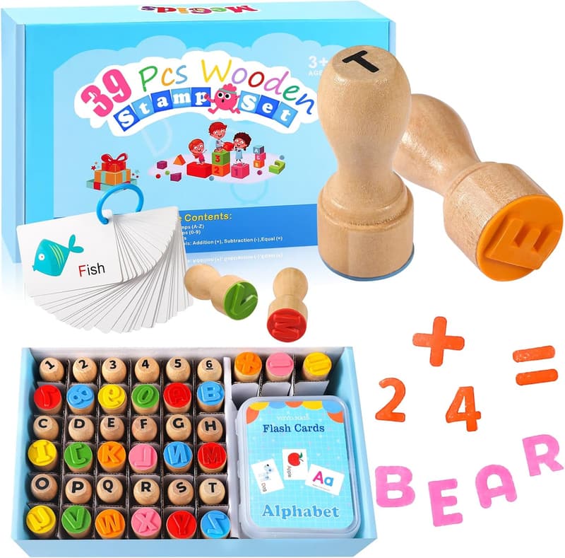 Educational Wooden Alphabet and Number Stamp Set for Kids