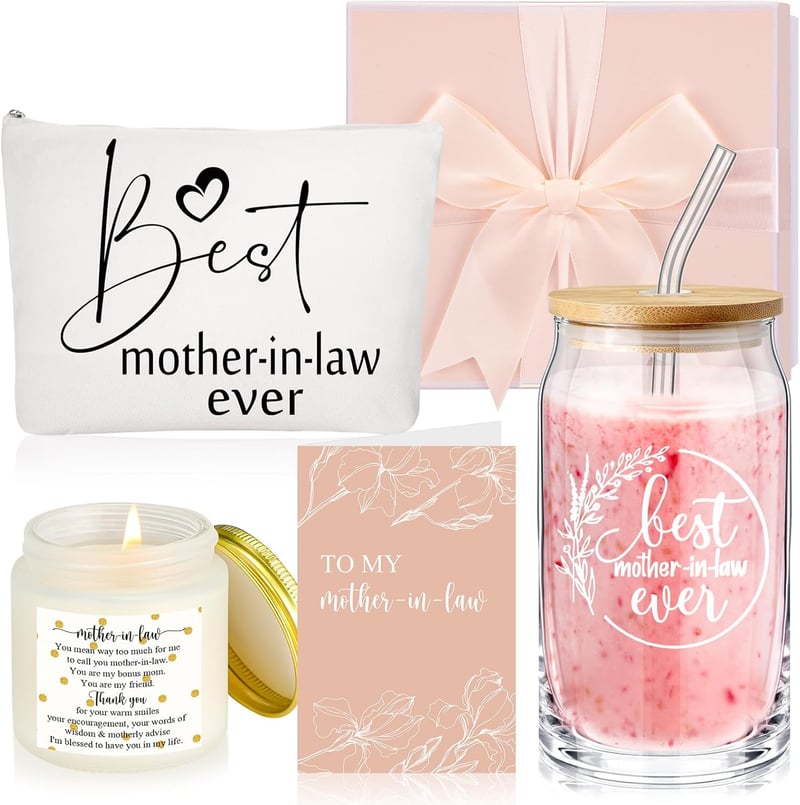 Mother's Day Gift Set: Glass Cup, Makeup Bag, Candles, Card