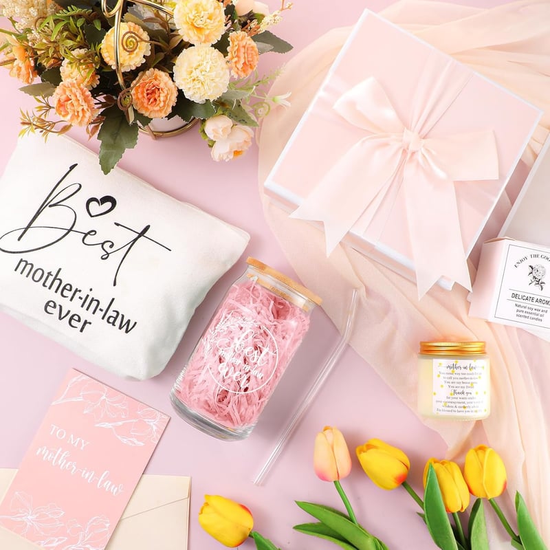 Mother's Day Gift Set: Glass Cup, Makeup Bag, Candles, Card