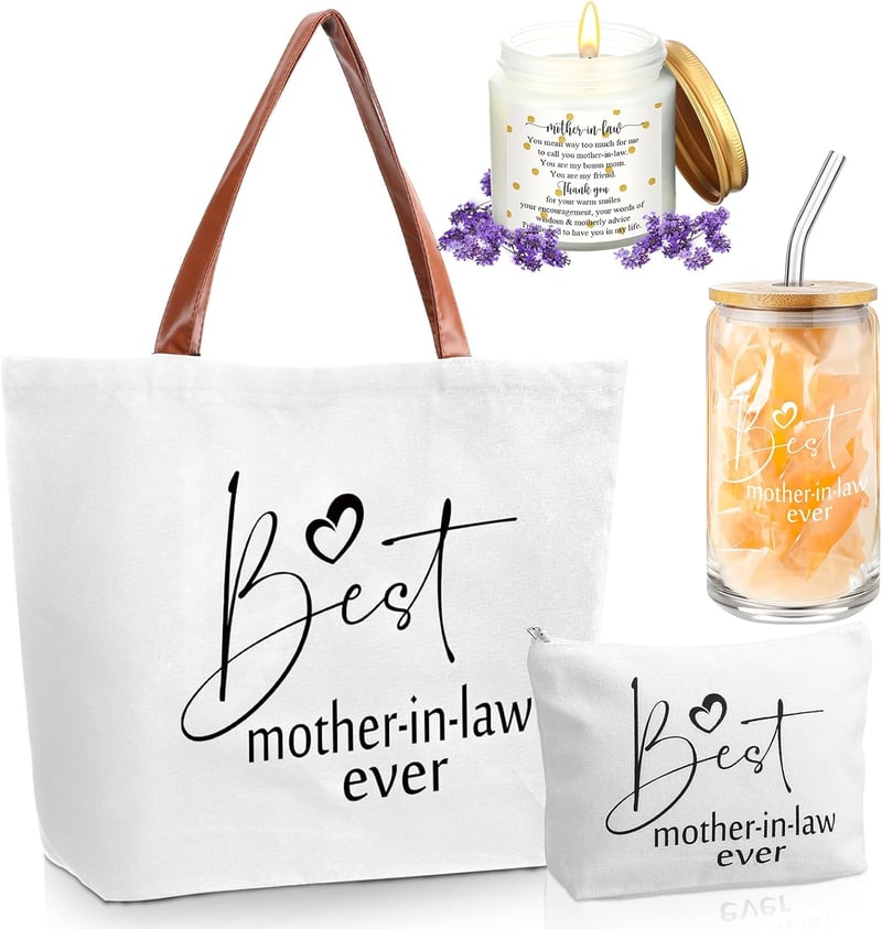 Best Mother-in-Law Gifts Set: Glass Cup, Tote & Candle