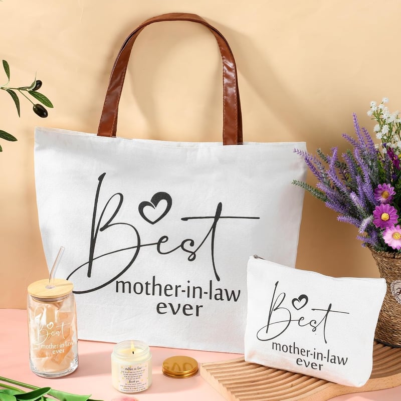 Best Mother-in-Law Gifts Set: Glass Cup, Tote & Candle
