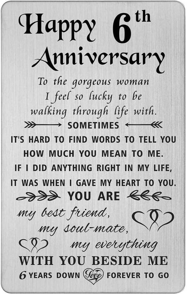 6th Anniversary Engraved Metal Wallet Card for Wife